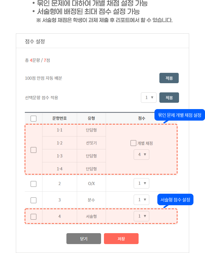 묶인 문제에 대하여 개별 채점 설정 가능 / 서술형에 배정된 대 점수 설정 가능 (서술형 채점은 학생이 과제 제출 후 리포트에서 할 수 있습니다.)